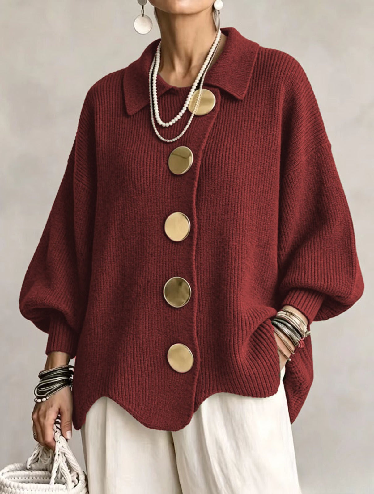 Ilona | Oversized Collared Cardigan With Large Metal Buttons