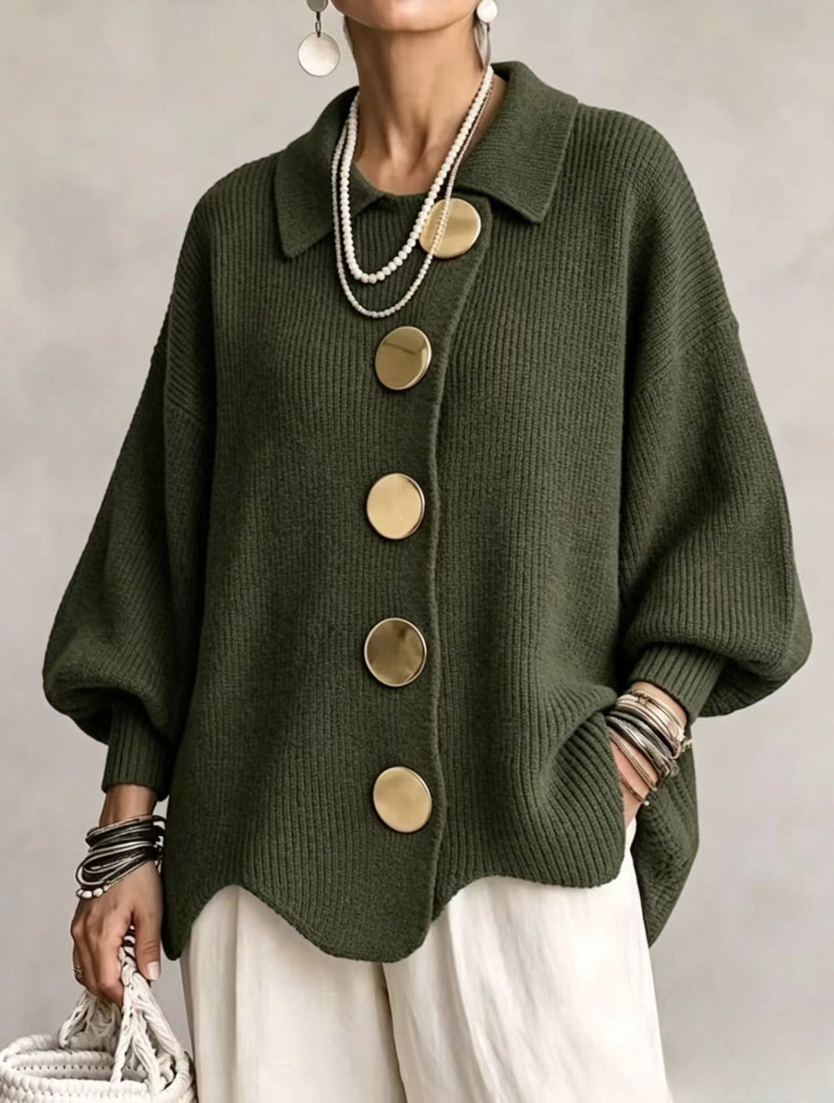 Ilona | Oversized Collared Cardigan With Large Metal Buttons