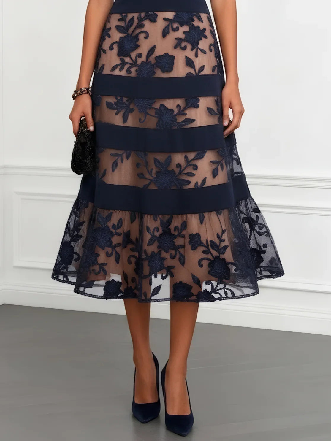 Jeanine | Black Mesh Lace Jacquard Boat Neck Sleeveless A-Line Midi Dress