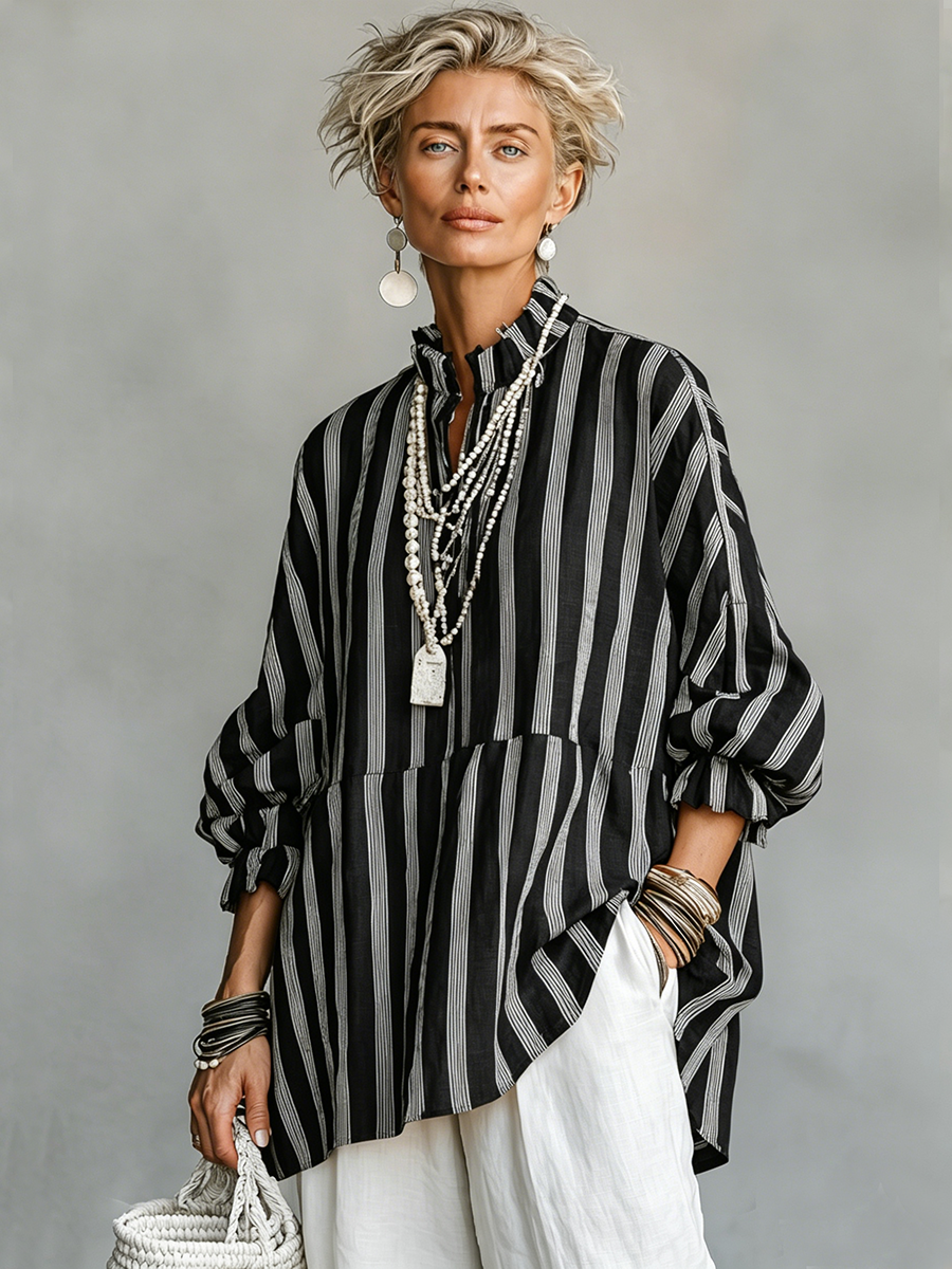 Yasmine | Vintage Casual Linen Blend Vertical Stripes Mandarin Collar and Lantern Sleeves Loose Blouse