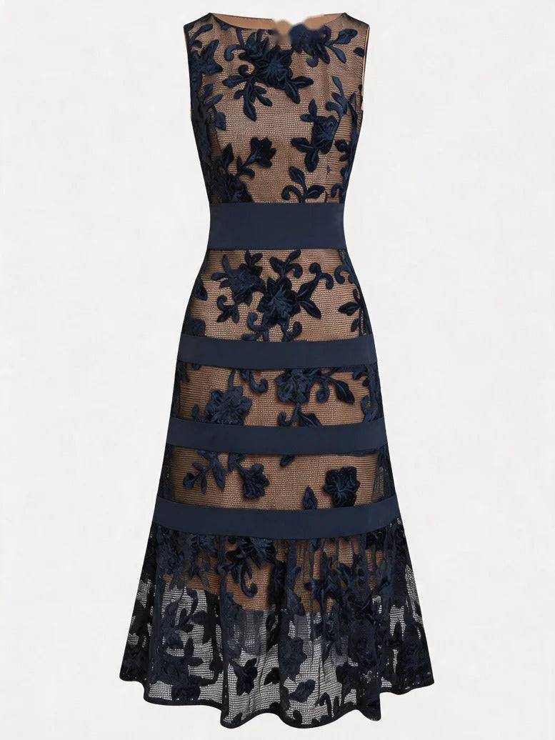 Jeanine | Black Mesh Lace Jacquard Boat Neck Sleeveless A-Line Midi Dress