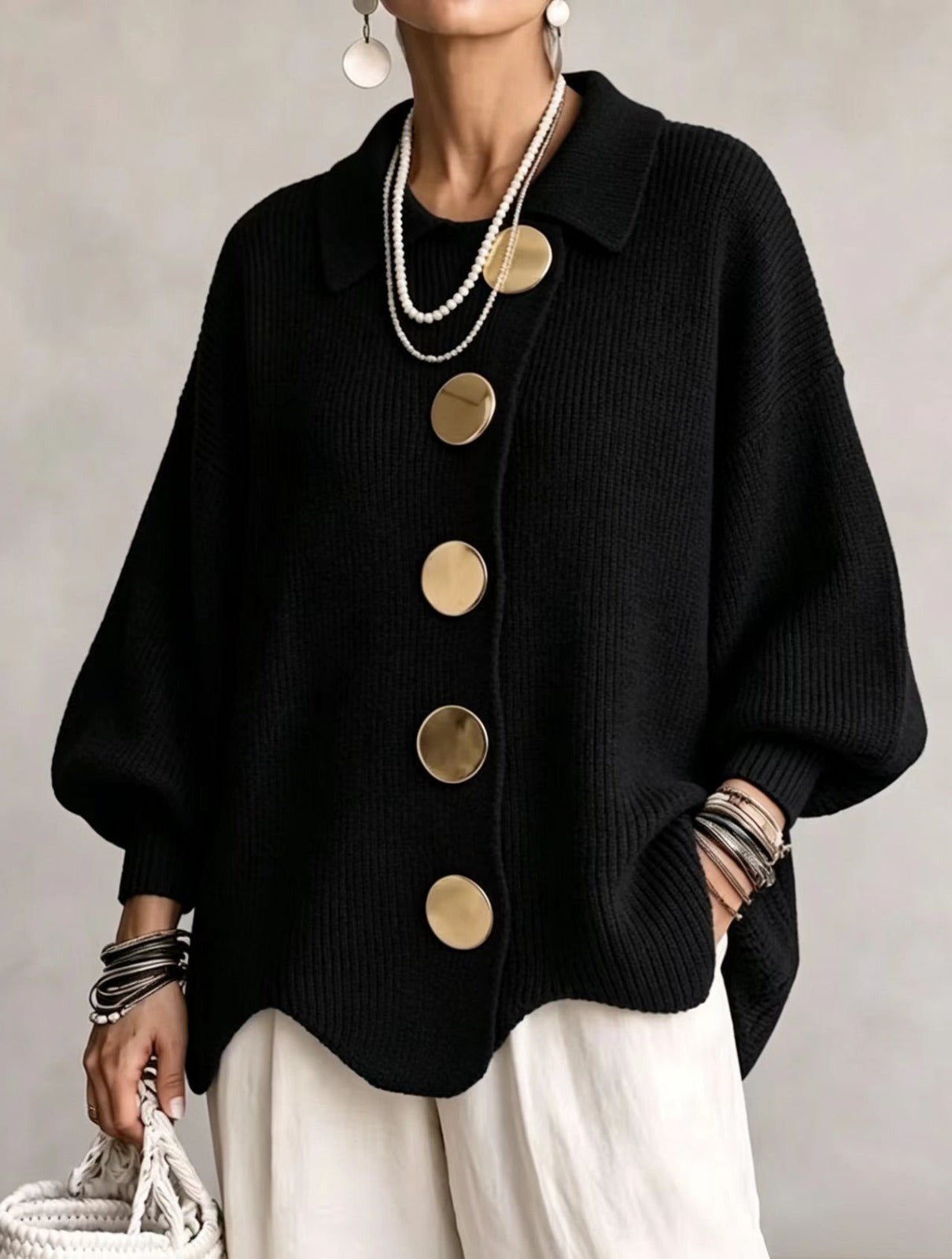 Ilona | Oversized Collared Cardigan With Large Metal Buttons