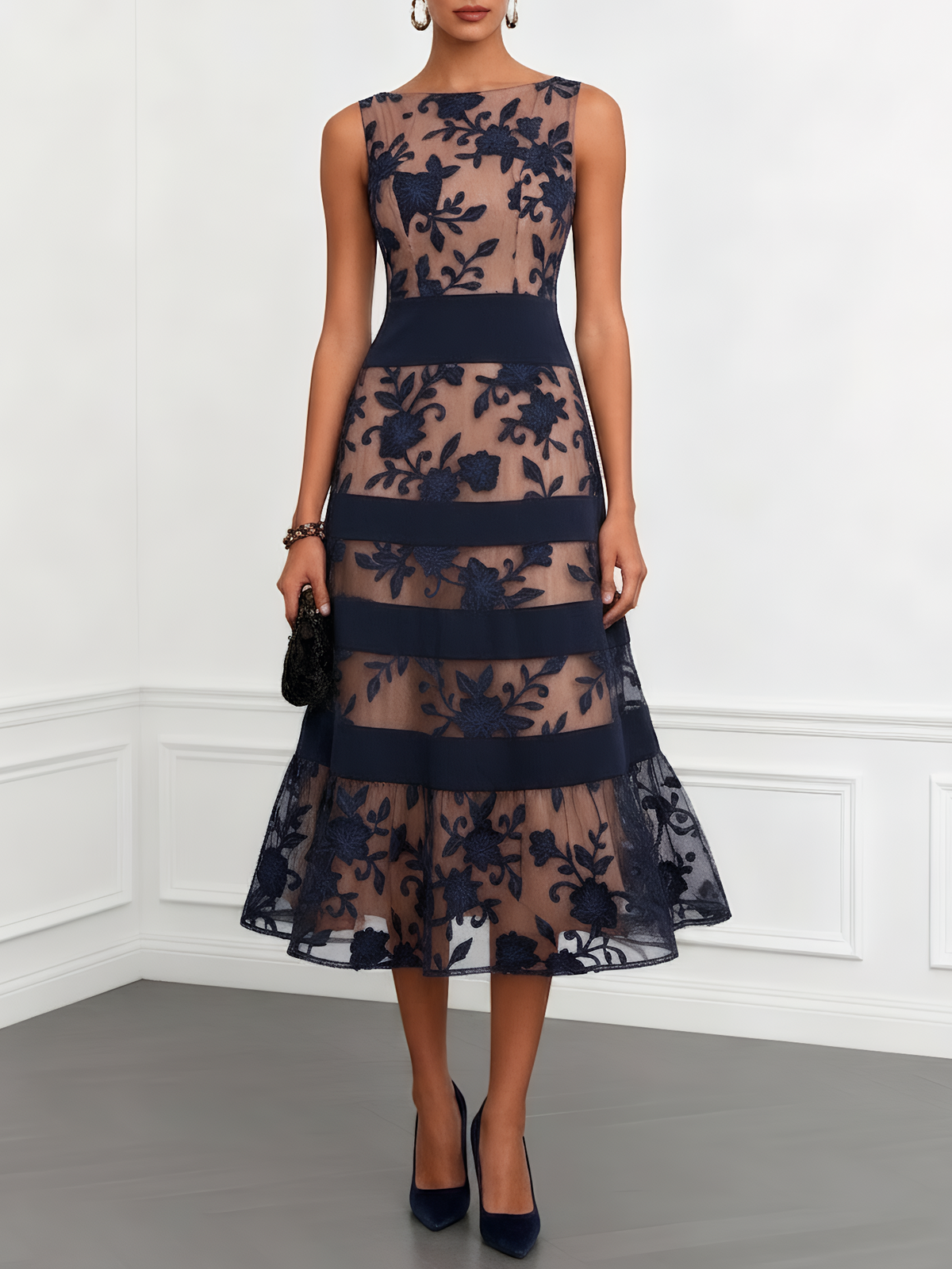 Jeanine | Black Mesh Lace Jacquard Boat Neck Sleeveless A-Line Midi Dress