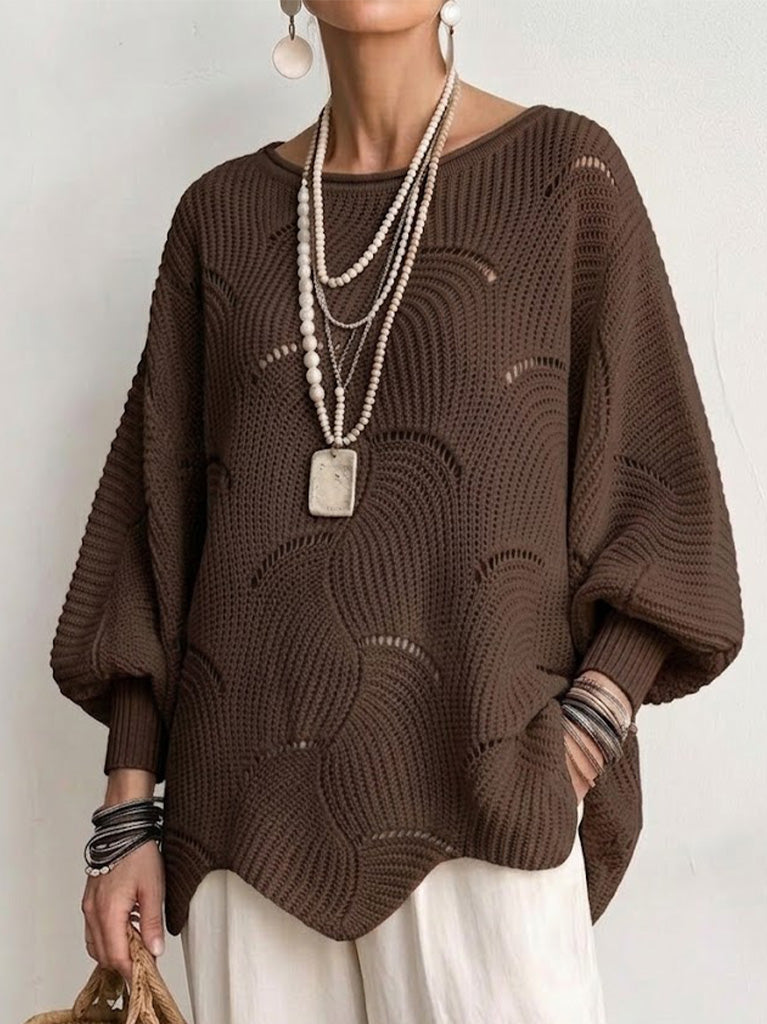 Hannah | Hollow Wave Pattern Loose Lantern Sleeve Knit Top