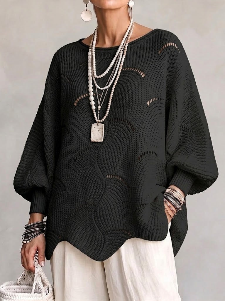 Hannah | Hollow Wave Pattern Loose Lantern Sleeve Knit Top