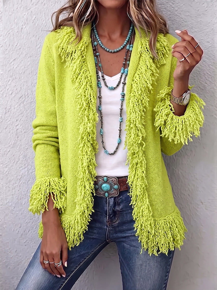 Farrah | Vibrant Chartreuse Boho Fringe Cardigan