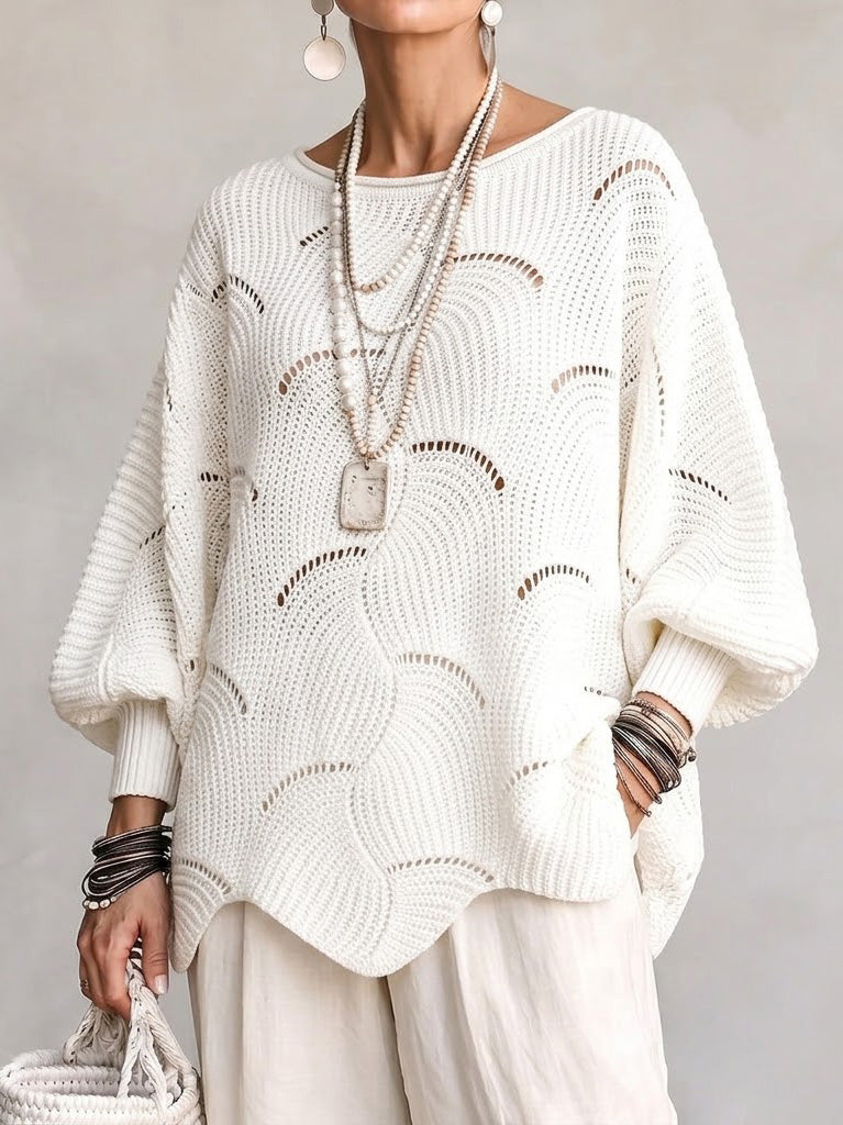 Hannah | Hollow Wave Pattern Loose Lantern Sleeve Knit Top