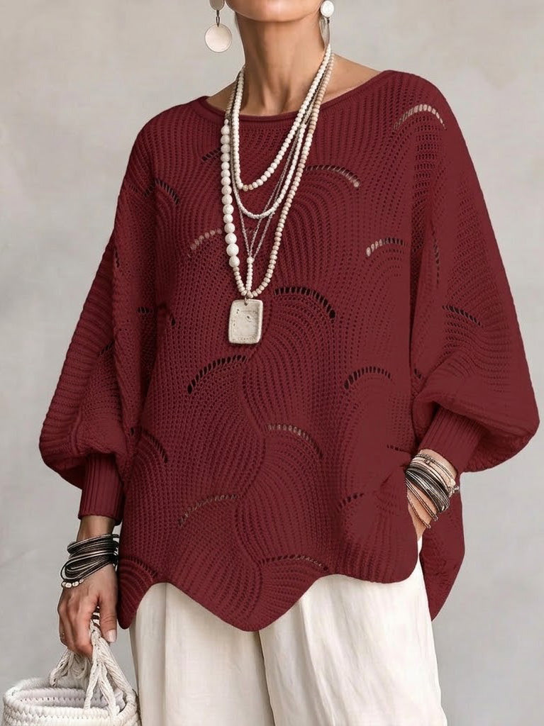 Hannah | Hollow Wave Pattern Loose Lantern Sleeve Knit Top