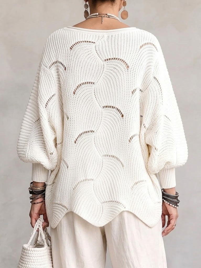 Hannah | Hollow Wave Pattern Loose Lantern Sleeve Knit Top