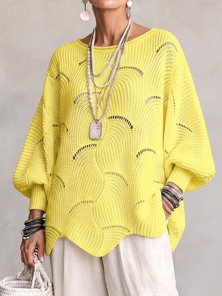 Hannah | Hollow Wave Pattern Loose Lantern Sleeve Knit Top