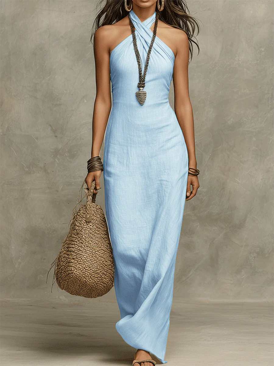 Avelina | Voluminous Long Cotton and Linen Dress, American Collar