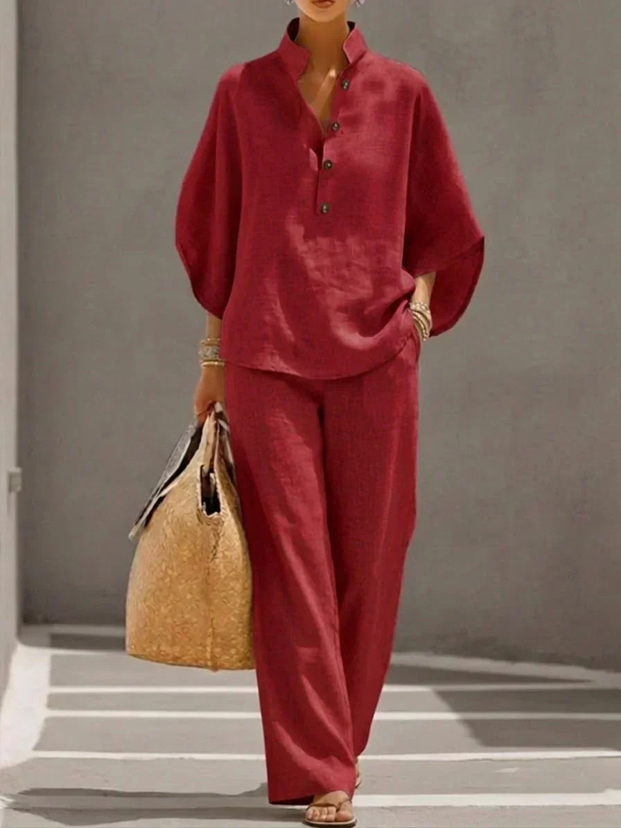 Sophie | Linen Set with Batwing Sleeves and Wide Pants