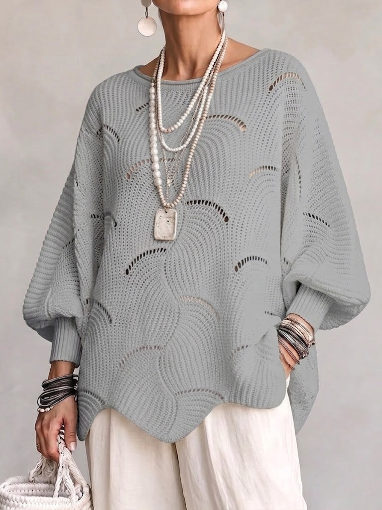 Hannah | Hollow Wave Pattern Loose Lantern Sleeve Knit Top