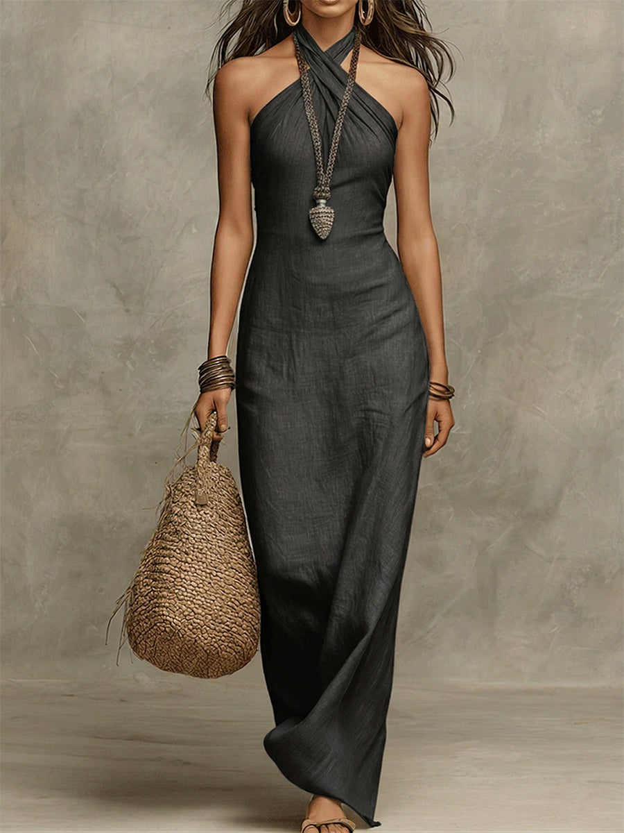 Avelina | Voluminous Long Cotton and Linen Dress, American Collar