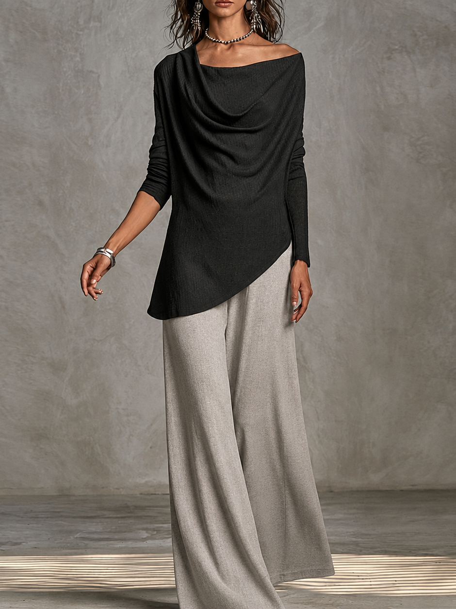Oriah | Long sleeve top with draped neckline in black and light gray wide-leg pants in two pieces