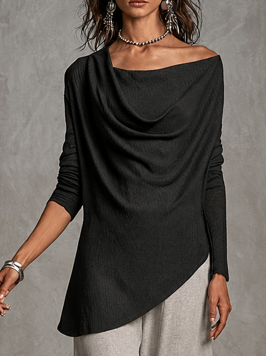 Oriah | Long sleeve top with draped neckline in black and light gray wide-leg pants in two pieces