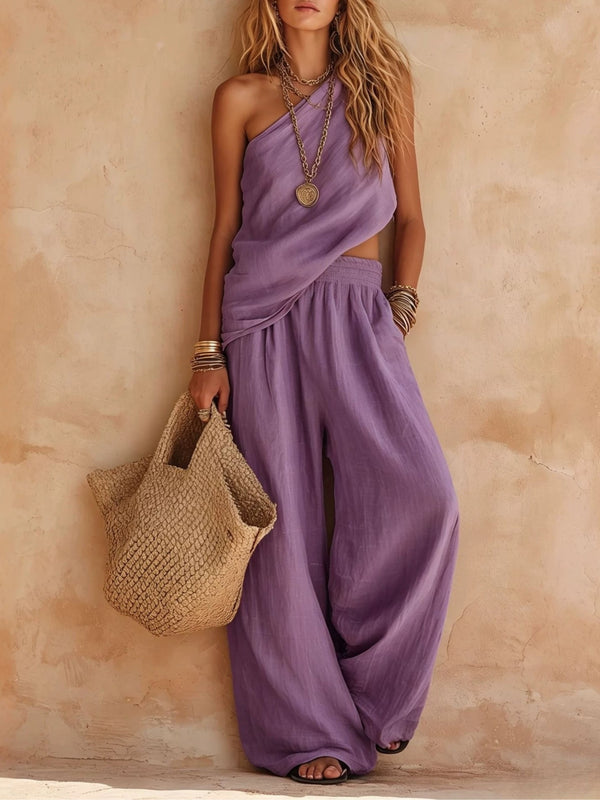 Sasha | Set Casual Top Sleeveless Pink One-Shoulder and Pants